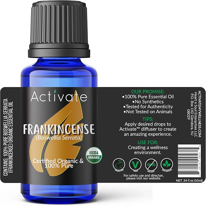Activate USDA Organic Frankincense Essential Oil, 100% Pure & Undiluted, Steam Distilled Frankincense Oil for Aromatherapy, Diffuser, Massage, Skin Care, Candle & Soap Making, 10mL (0.33 fl oz)