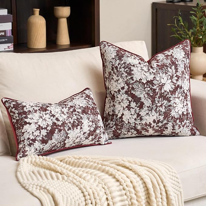 Alerfa Burgundy Neutral Floral Pillow Cover 18 x 18 Inch, Vintage Chenille Square Couch Pillow Cover Soft Decorative Farmhouse Accent Pillowcase for Living Room Bedroom
