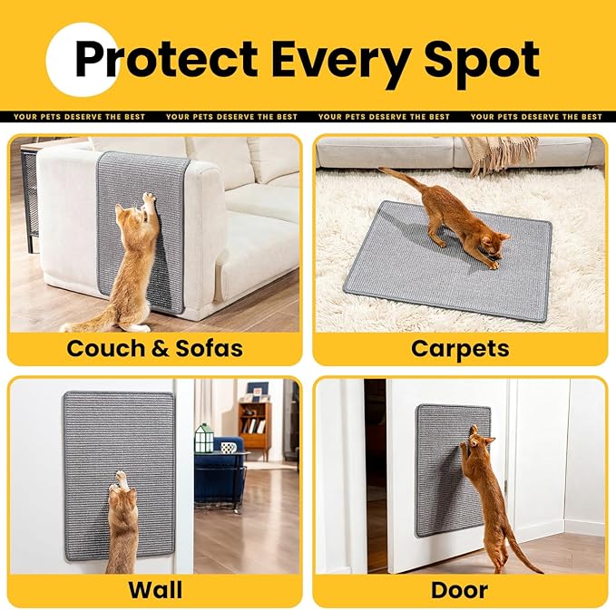 Conlun 2-Pack Cat Scratching Pads, 23.6x31.5in Sisal Wall & Couch Protector | High-density Sisal Mat, No Fraying, Mess-free, Anti-slip Backing, Adhesive Strips for Easy Mounting, Grey