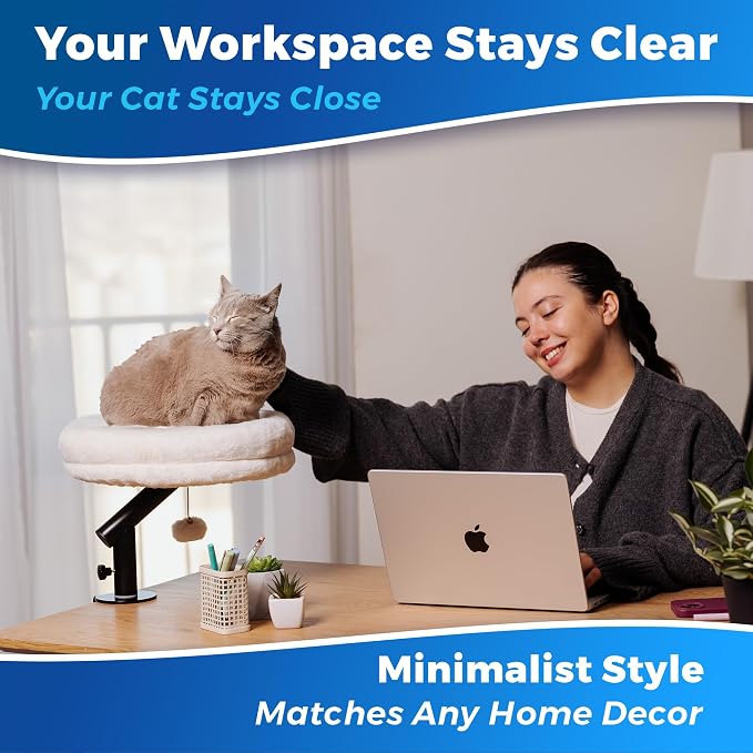 PetLovers Cat Desk Bed - Plush Elevated Desk Bed Attachment with Removable Washable Cushion, 360° Swivel Arm, Secure Clamp - Keeps Your Pet Close While You Work or Play