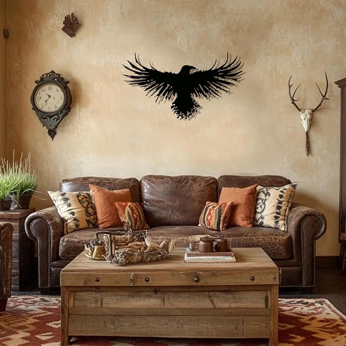 Metal Raven Wall Art, 3D Viking Crow Decor for Gothic Home, Black Outdoor | Striking 3D raven/crow sculpture, gothic & viking inspired, weatherproof for both indoor and outdoor display