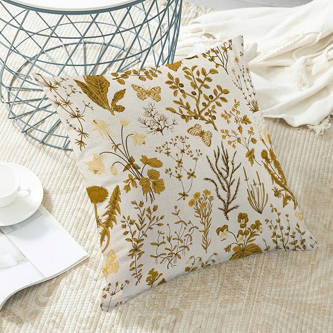 AEIOAE Summer Pillow Covers 16x16 Inch Set of 2,Mustard Yellow Wild Flower Plant Throw Pillows Case,Seasonal Floral Outdoor Decorative Square Linen Farmhouse Decor Cushion Covers for Home Couch