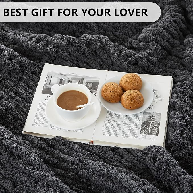 L'AGRATY Chunky Knit Throw Blanket for Couch, 60 x 80 Inches, Dark Grey | Handmade Chenille Crochet Blanket for Sofa Bed, Thick Cable Knitted Blankets for Room Home Decor, Birthday Gift for Women Mom