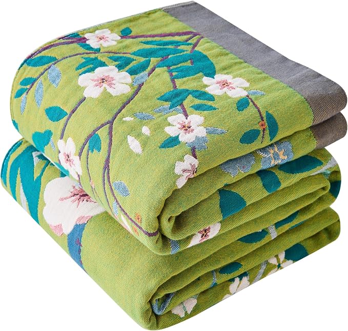 Boho Throw Blanket Farmhouse Decor Throw Blanket Bohemian Blanket for Bed 100% Cotton Muslin Woven Couch Blanket All Seasons Quilt Bedroom (I-Green, 60"x80")