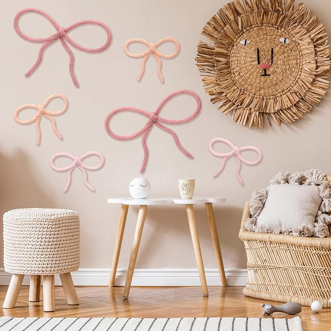 Barydat 6 Pcs Pink Bow Wall Decor Girls Coquette Nursery Decoration Room Decor Hanging 2 Size Woven Bowknot Shaped Wall Art Pink Preppy Decoration for Girls Living Room Dorm