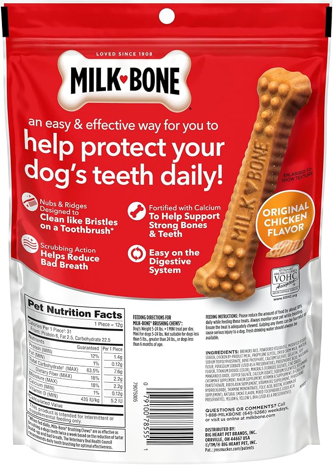 Milk-Bone Brushing Chews, Mini, Original Flavor, 90 Dental Treats | 5 (18-count) bags, Daily dog dental treats, For dogs 5-24 lbs., Original chicken flavor