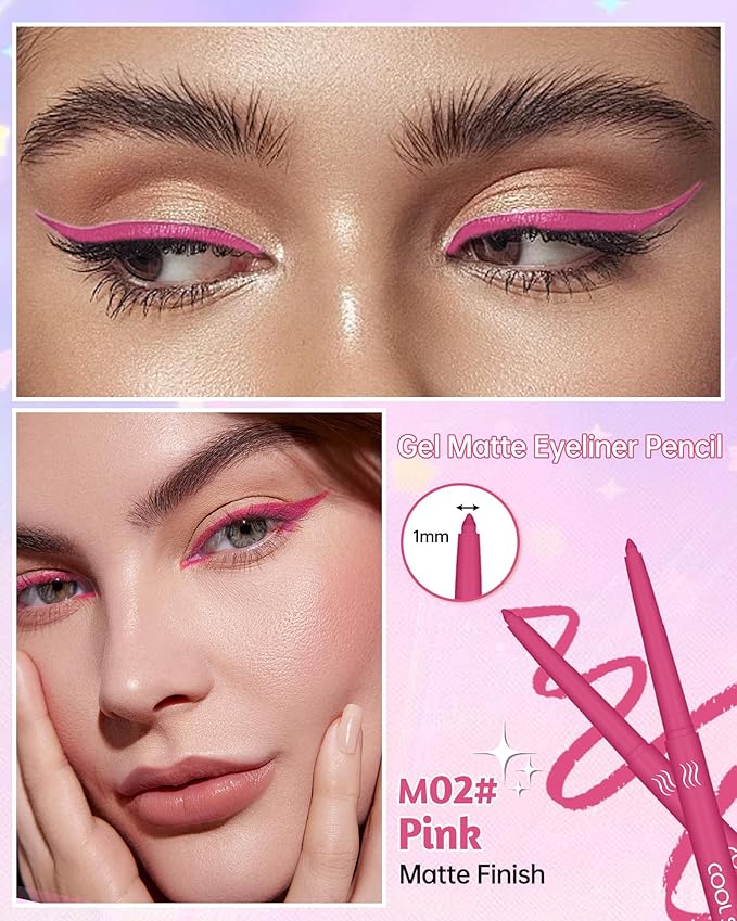 Pink Gel Eyeliner Pencil, Retractable Cream Matte Eye Liner Pencils, Waterline Eye Makeup Liners, Waterproof & Smudge Proof Eyeliner Facial Makeup Gift for Mature Women, Girls, Christmas – M02 Pink