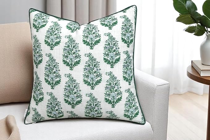 Green Floral Bouquet Print 20x20 Throw Pillow Cover, Green | Green Floral Bouquet sprigs on off-white slub, green piping; both sides printed; hidden; cover only