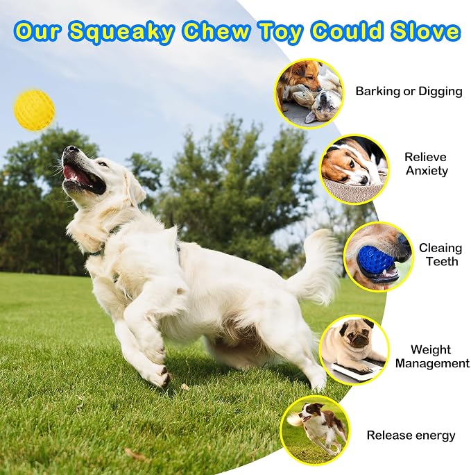 3 Pack Indestructible Squeaky Dog Balls for Aggressive Chewers, Interactive Dog Toys for Teething, Relieving Anxiety. Chew Toy for Large, Medium Breeds, Outdoor Rubber Balls.