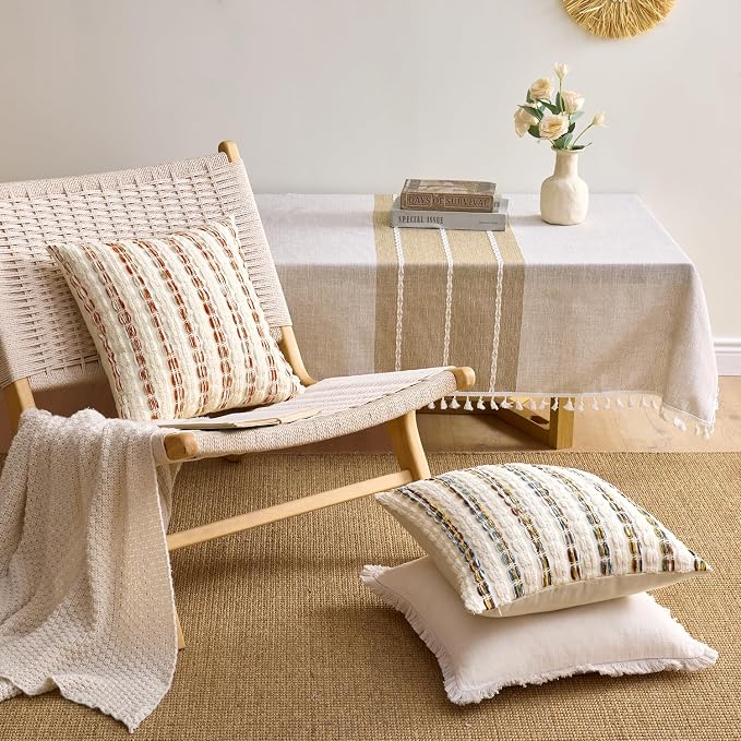 ANRODUO Boho Chenille Decorative Pillow Covers 18x18 Inch Set of 2 Orange | Textured Tufted Stripes Woven Cushion Case, Farmhouse Accent Neutral Pillowcase for Couch Sofa Bed Living, Room Decor