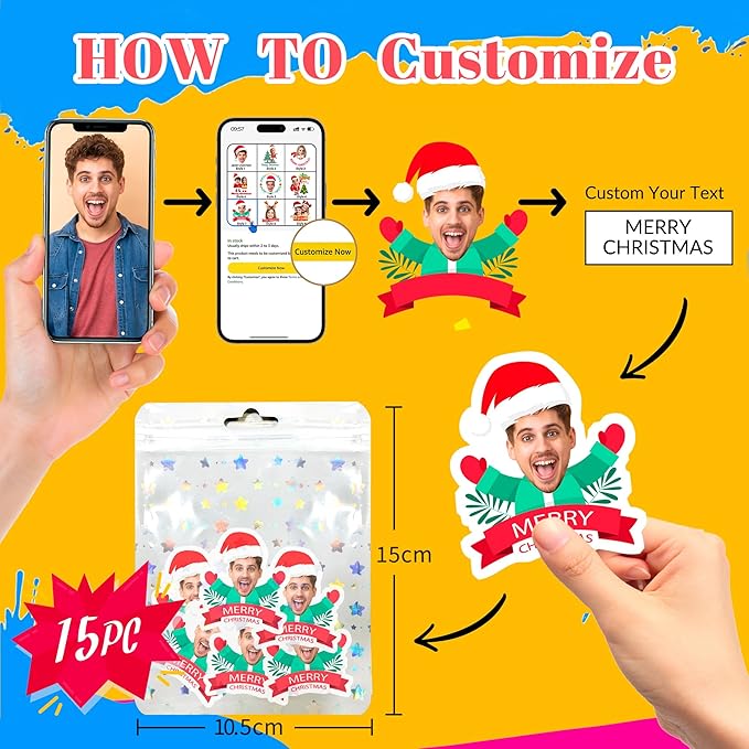 Easycosy Custom Temporary Tattoos with Photos, Personalized Funny Face Temporary Tattoos Party Favors for Christmas Decoration, set of 15