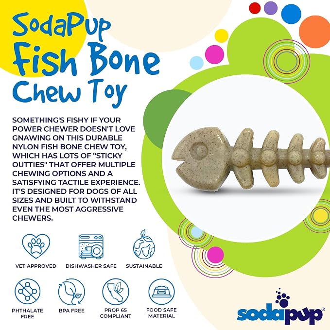 SodaPup Fish Bone – Durable Dog Chew Toy Made in USA from Non-Toxic, Pet Safe, Food Safe, Nylon Material for Mental Stimulation, Clean Teeth, Fresh Breath, Problem Chewing, Calming Nerves, & More