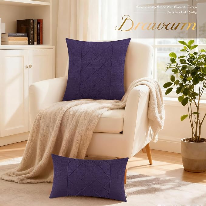 BRAWARM Chenille Throw Pillow Covers 12x20 Inches, Purple, 2 Pack | Decorative Lumbar Pleated Pillow Covers, Soft Cushion Cases for Sofa Bed Living Room Home Farmhouse (No Insert)