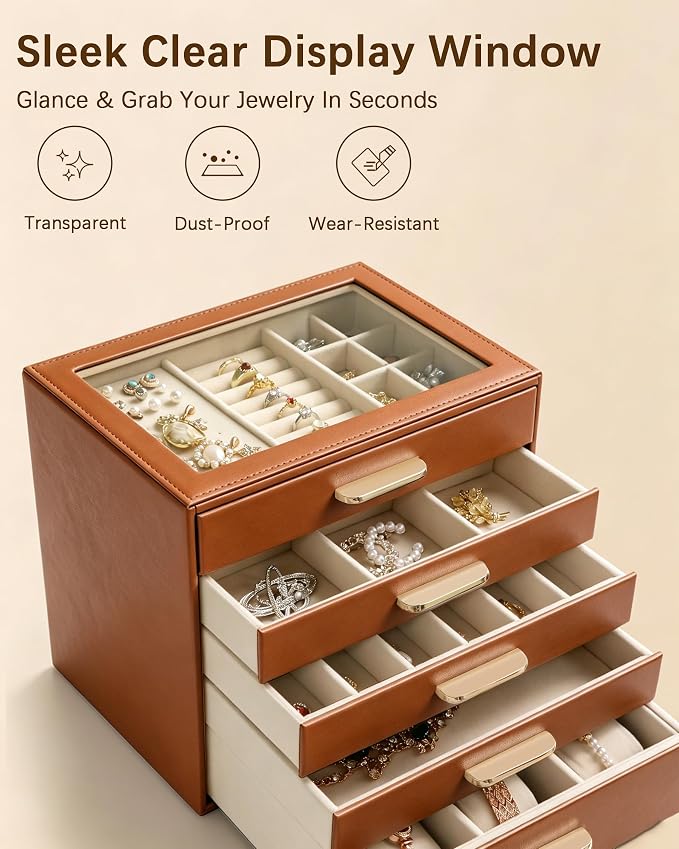 Homeanda Jewelry Boxes Organizer with Glass Lid, 5-Layer PU Leather, Brown | Modern style display case with 5 drawers for daily jewelry, women, mom or girl gift
