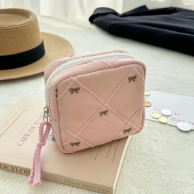 Small Makeup Bag | Discreet Period Bag Pad Pouch for Purse| Sanitary Napkin Storage & Tampon Holder for Travel (Quilted bow pink)