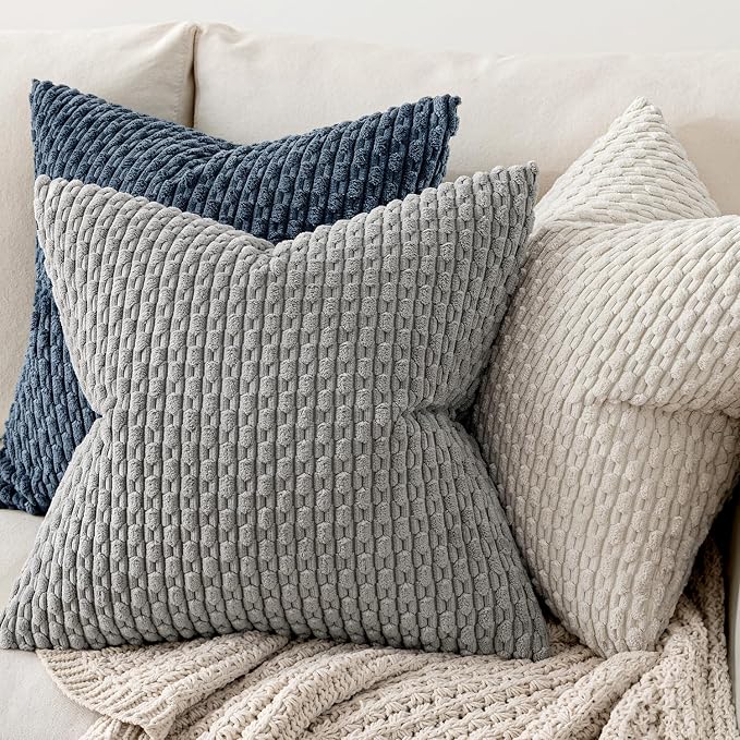 MIULEE Decorative Throw Pillow Covers 18x18 Cream White Textured Corduroy | Pack of 2 Striped Pillow Covers Modern Farmhouse Home Decor for Couch Bed Sofa Living Room