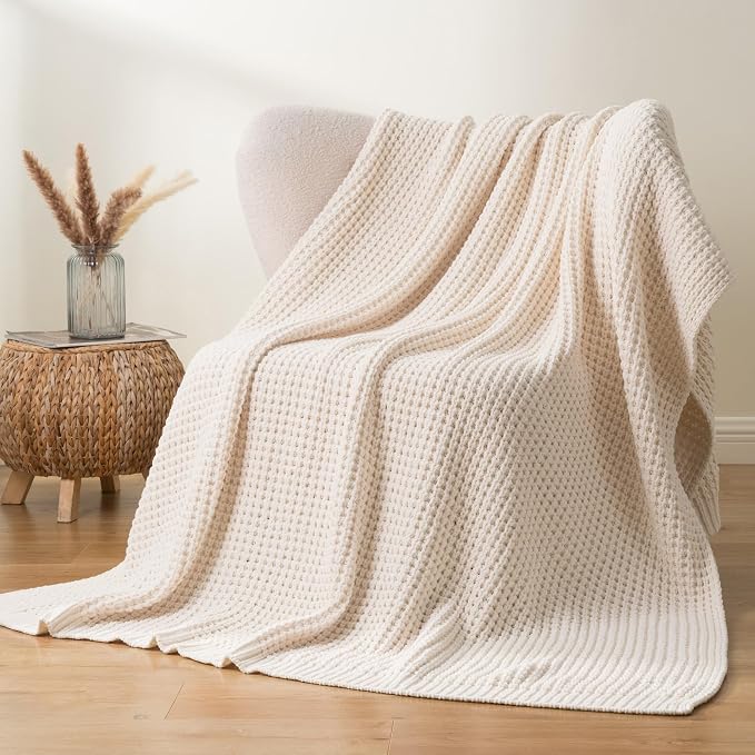 Cream White Throw Blanket for Couch Bed, Waffle Knit Throw Blanket 50"x60" | Ivory Chunky Chenille Throw Blanket, Modern Farmhouse Knitted Blankets, Warm Decorative White Blanket Throw for Home Decor