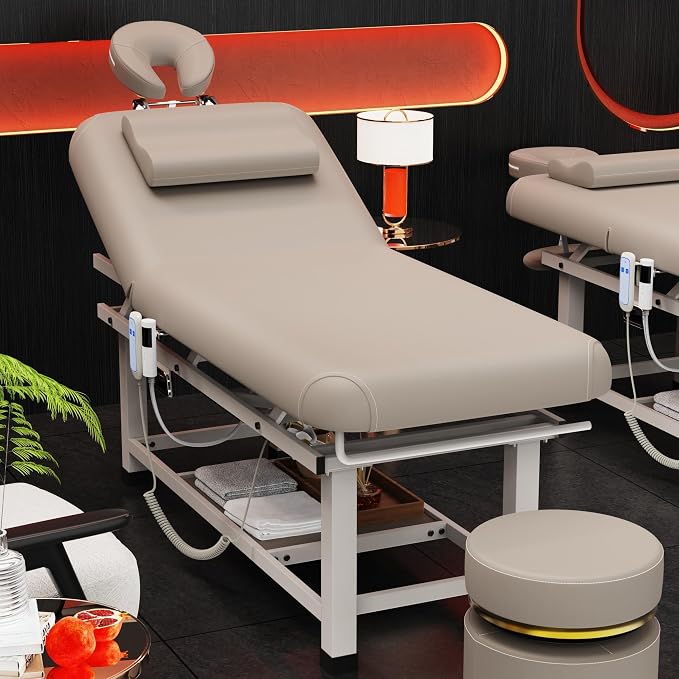Olela Electric Massage Table with Heated Function- Heated Massage Table with Electric Lift & Manual Adjustable Backrest, Treatment Table with Storage and Metal Frame for Massage, Spa So On
