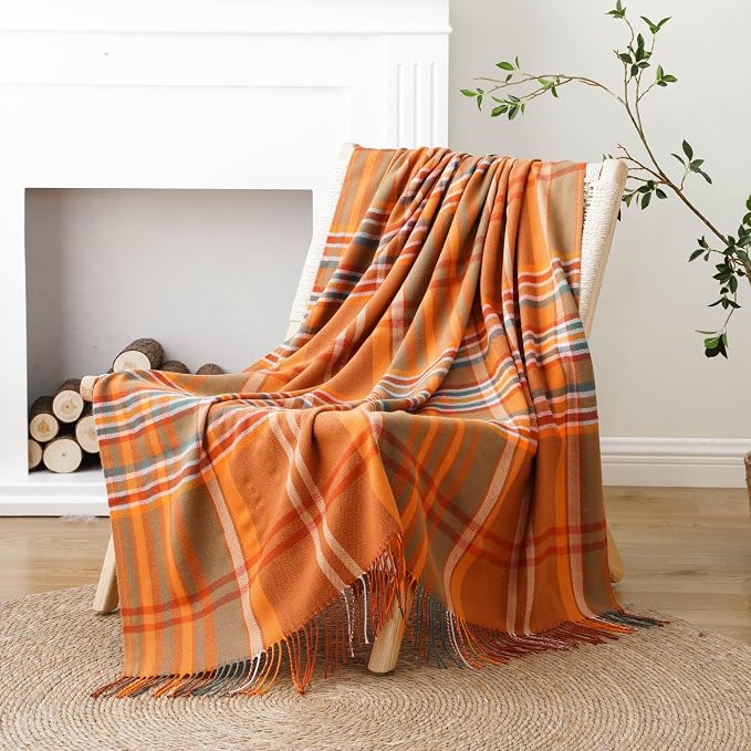 Orange Plaid Throw Blanket for Couch, Fall Throw Blanket 50"x60" Fall Decor | Lightweight Buffalo Plaid Blanket Throw, Soft Woven Throws with Tassels, Checkered Blanket for Bed, Sofa, Autumn, Home Decor