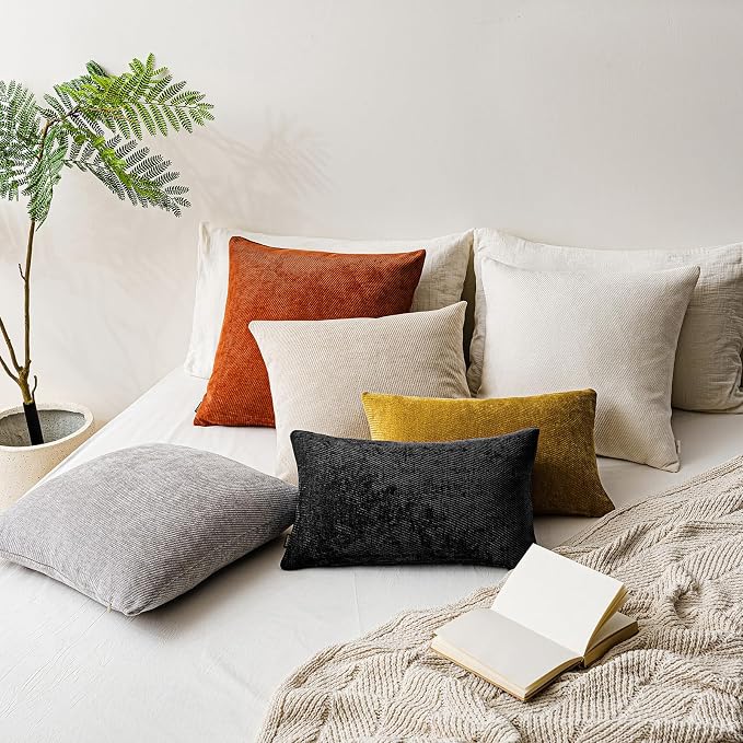 a moment Pack of 2 Decorative Chenille Throw Pillow Covers with Twill Cushion Covers for Sofa Living Room Couch Bed 24x24 Inch Black