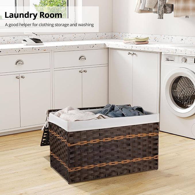 OIAHOMY Storage Basket with Lid, 27.7 Gallon (105L) Blanket Basket with Removable Liner Bag, Synthetic Wicker Hamper with Handle, Hamper for Living Room, Brown