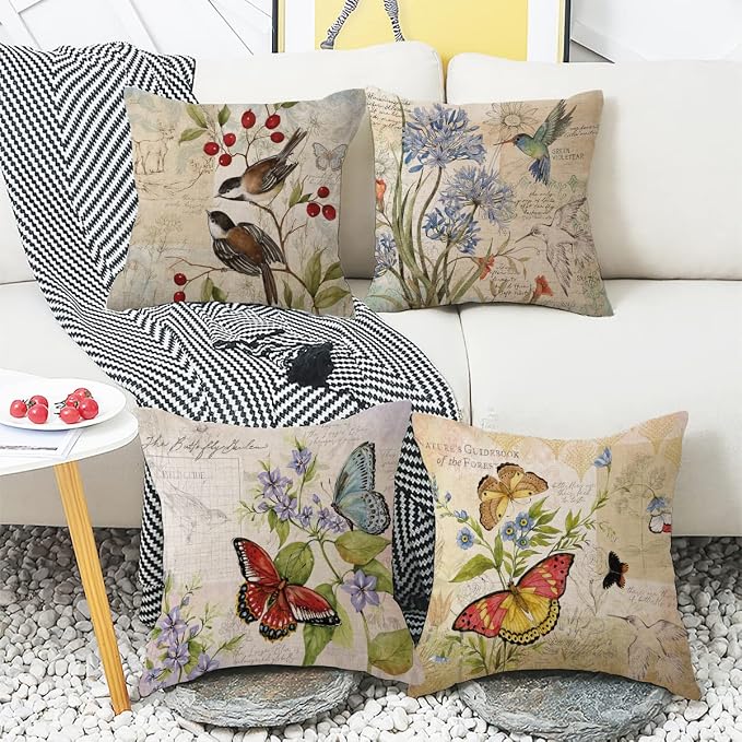 wyooxoo Farmhouse Pillow Covers 16x16 Set of 4 Spring Summer Throw Pillow Covers Linen Flower Butterfly Bird Decorative Pillowcases for Sofa Couch Living Room Outdoor