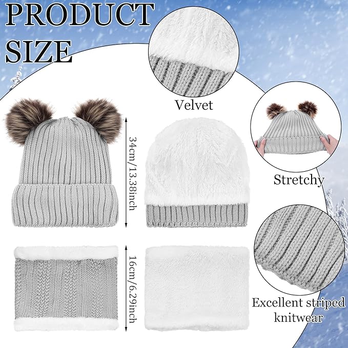 SATINIOR 5 Pcs Winter Hat Scarf Gloves Set Fleece Warm Lined Knit Beanie Hat Touch Screen Earmuff Gloves Warmer for Women(Grey,Cute Style)