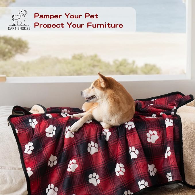 Waterproof Pet Blanket for Small Dogs and Cats 30"x40" | Washable Christmas Dog Blanket, Soft Fluffy Sofa Car Bed Protector, Reversible Sherpa Fleece Puppy Blanket, Paw Red
