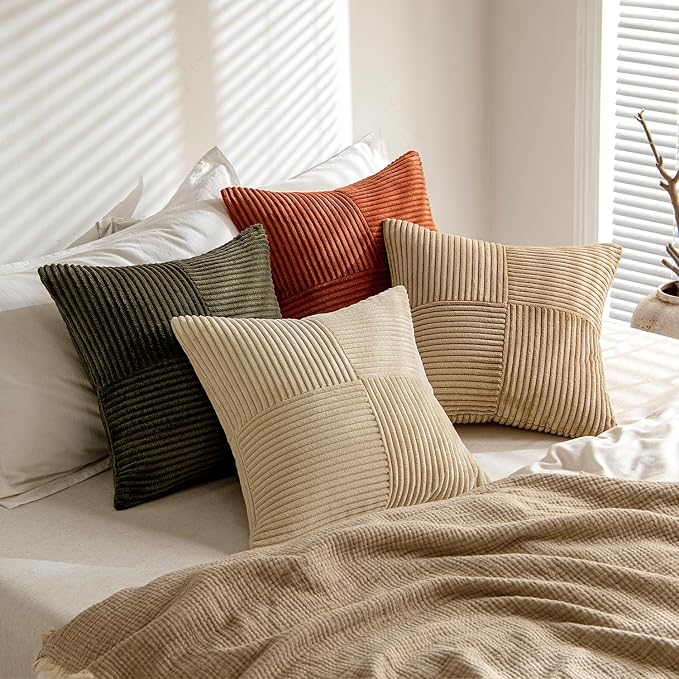MIULEE Rust-Olive Green Decorative Throw Pillow Covers 16x16 Inch Set of 4 Boho Color-Clash Cushion Cases Farmhouse Pillow Cases Corduroy Striped Home Decor for Couch Sofa Living Room Bed