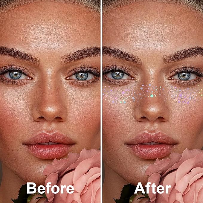 8PCS Glitter Freckles Face Tattoo for Body and Face, Face Glitter Patches for Women, Glow Up Makeup Patches Cosmetic Glitter for Festival Rave Prom (8PCSA holographic multicolor)