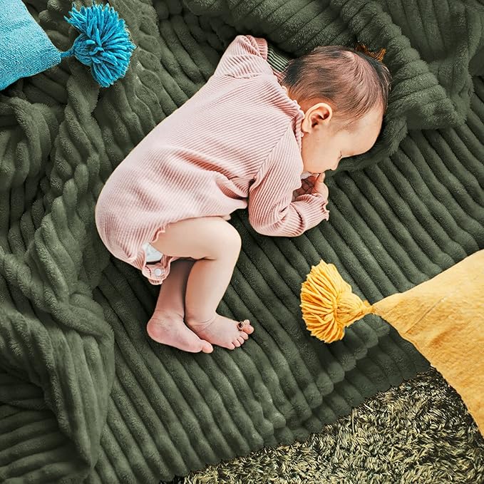 DISSA Fleece Blanket Twin Size – 60x80, Olive Green – Soft, Plush, Fluffy, Fuzzy, Warm, Cozy – Perfect Throw for Couch, Bed, Sofa - with Pompom Fringe - Flannel Blanket Throw Blanket