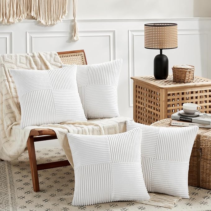Fancy Homi White Euro Decorative Throw Pillow Covers 26x26 Inch for Living Room Couch Bed Sofa, Rustic Farmhouse Boho Home Decor, Soft Corss Corduroy Patchwork Textured Square Cushion Case 66x66 cm