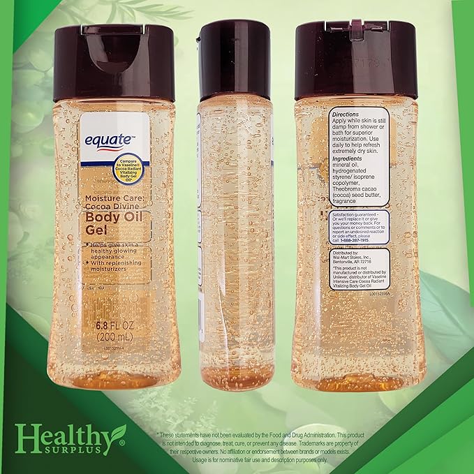 Equate Body Oil Gel - Cocoa Divine - 6.8 FL OZ (200 mL) and Vital Volumes Skin Care Basics Tips Card