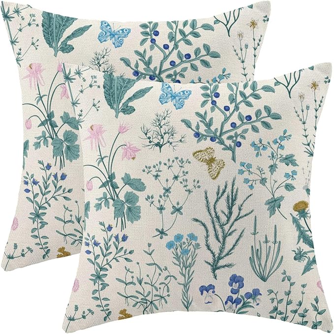 AEIOAE Spring Pillow Covers 22x22 Inch Set of 2,Blue Teal Wild Flower Plant Throw Pillows Case,Seasonal Floral Outdoor Decorative Square Linen Farmhouse Decor Cushion Covers for Home Sofa Bed Couch