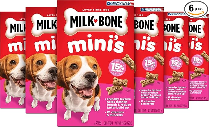 Milk-Bone Mini’s Original Biscuits, Mini Dog Treats, 6 Boxes | 6 (15-oz.) boxes, Tail-wagging meaty taste, 15% protein, 5 calories per treat