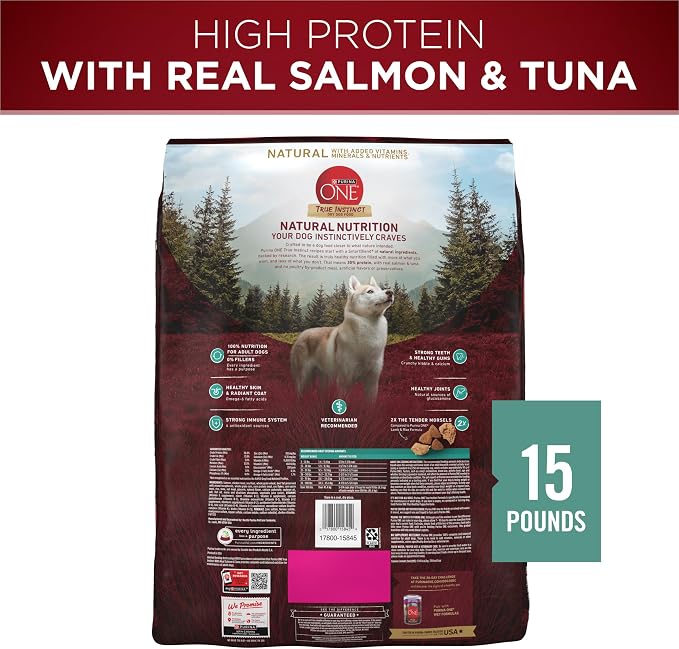 Purina ONE True Instinct Dry Dog Food, Real Salmon & Tuna, 15 lb Bag | Nutrient dense, with 30% protein to help support strong muscles, natural with added vitamins, minerals and nutrients
