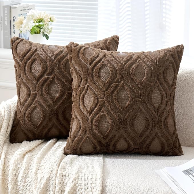 MIULEE Dark Brown Soft Plush Faux Wool Throw Pillow Covers 18x18 | Set of 2, Farmhouse Boho Home Decor, Decorative Cushion Covers for Sofa, Living Room, Bed