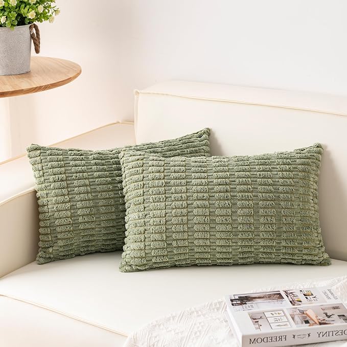 Pack of 2 Corduroy Decorative Throw Pillow Covers 12x24 Inch, Sage Green | Fall Soft Striped Pillow Covers Modern Farmhouse Home Decor Christmas Throw Pillow Covers for Sofa Living Room Couch Bed