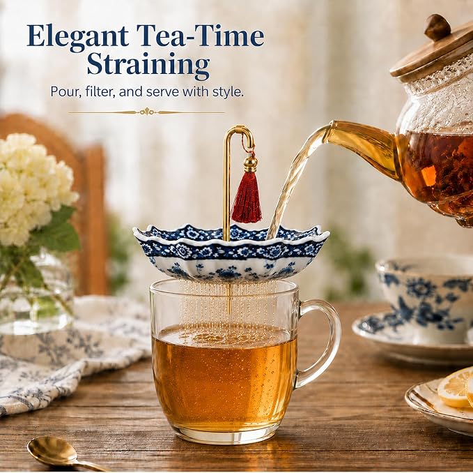 Umbrella Shape Ceramic Tea Strainer with 360° Rotating Drip Tray, Blue and White Porcelain Loose Leaf Tea Filter for 2.5-4 Inch Cups, Mugs and Teapots, Dishwasher Safe Reusable Tea Bag Alternative