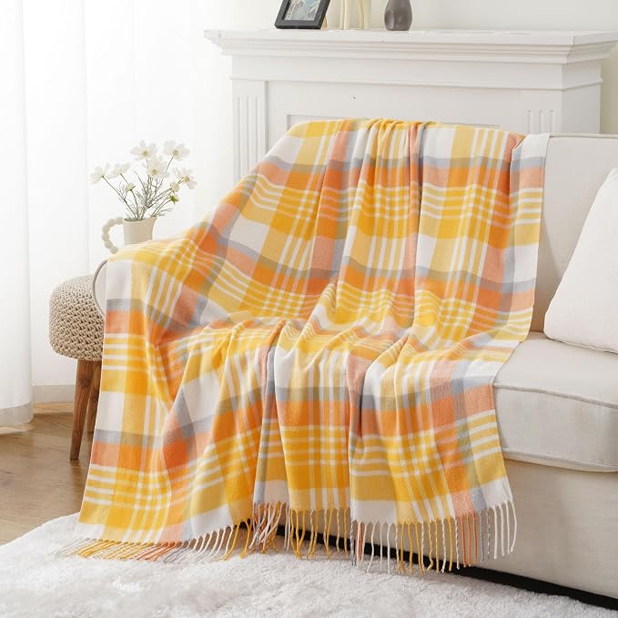 Yellow Plaid Throw Blanket for Couch, Spring Summer Throw Blankets 50"x60" | Lightweight Farmhouse Blanket, Soft Cozy Woven Throw with Tassels, Buffalo Plaid Blanket for Bed, Sofa, Home Decor