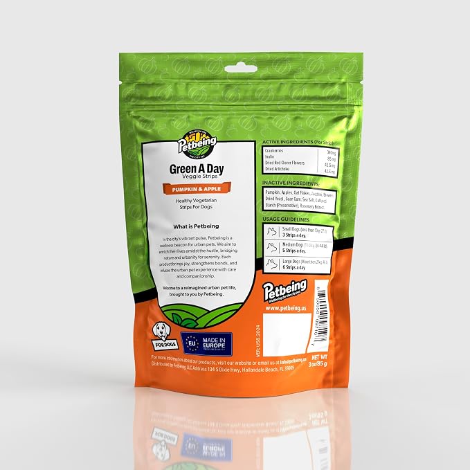 Green A Day Veggie Strips for Dogs | Vegetarian Dog Chews with Pumpkin, Carrot & Apple | Daily Wellness Treats with Fruits & Vegetables | Mix Pack, 4 Pack, 3 oz