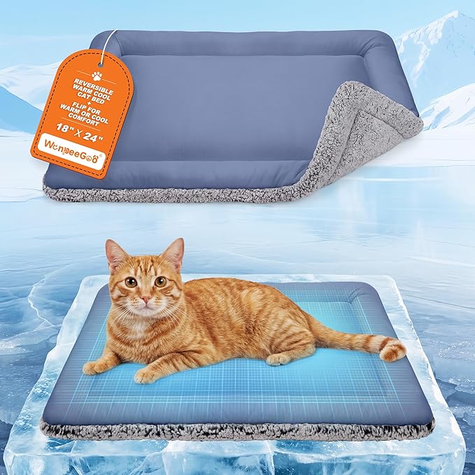 Cooling Mat for Cats, Reversible Self Warming Cat Bed, Dark Blue, 18x24 In | Cool-Touch Ice Silk Side, Plush Fleece Warm Side, Heat-Reflective Foil for Indoor Cats, Kittens, Small Dogs and Crates