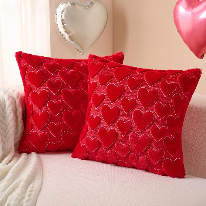 Softalker Red Heart Pillow Covers 18 x 18 Inch Set of 2, Mother's Day Decorative Soft Faux Fur Cushion Covers, 3D Embroidered Pillow Cases for Spring Summer Home Decor