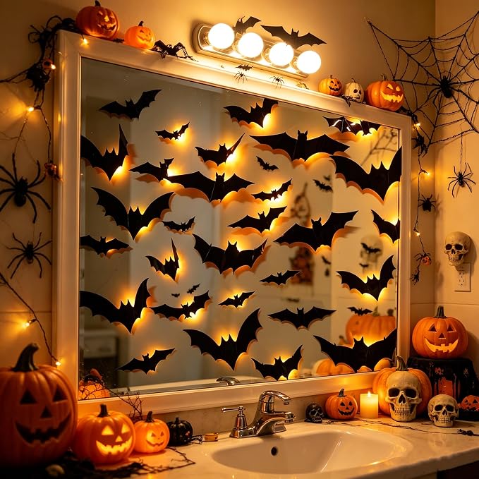 DR.DUDU 36 Pack Light Up Bats Halloween Decorations, Orange | 3D, LED Lights, Wall Decor, Removable Bat Stickers, Indoor Outdoor Window Bathroom Garage Door Home Party Use
