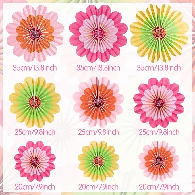 SUNBEAUTY 9 Pcs Paper Flowers Fans Hot Orange and Hot Pink Party Spring Summer Decorations Tissue Paper Flowers Decorations for Girl Groovy Birthday Baby Shower Wedding Bachelorette Room Wall Hanging
