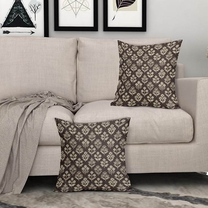Dark Brown Floral Block Print Pillow Covers 20x20 Inch Set of 2, Vintage Flower Pattern Decorative Throw Pillowcases Outdoor Farmhouse Cushion Covers Spring Summer Rustic Sofa Couch Bed Decor