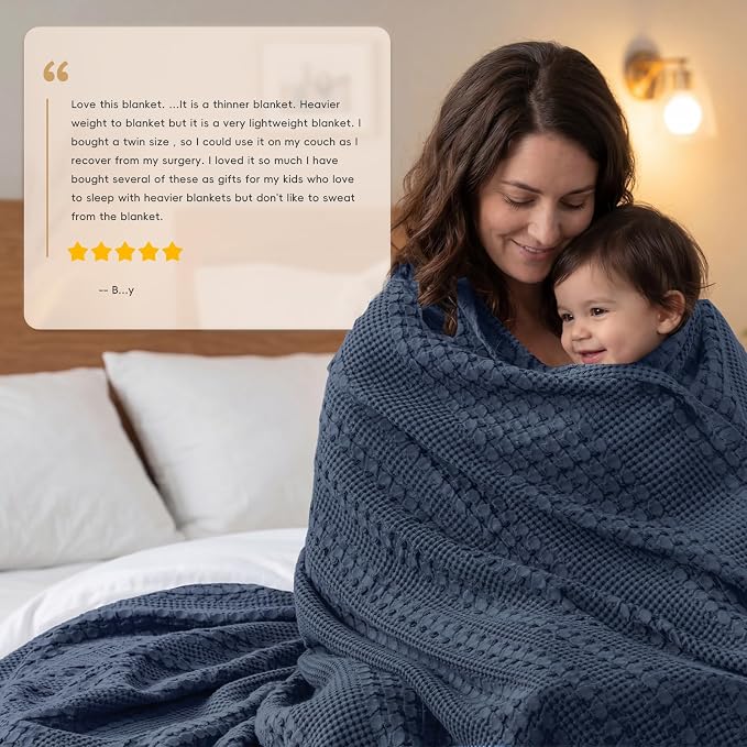 PHF 100% Cotton Waffle Weave Blanket King Size, Lightweight Breathable Summer Blanket for Hot Sleepers, Pre-Washed Soft Layer for Bed, Couch, Home Decor Gift, 108"x90", Indigo