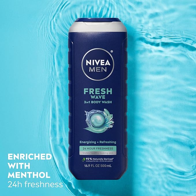 NIVEA MEN Fresh Wave Body Wash with Menthol, Refreshing Scent, 3-in-1 Men's Body Wash, Face and Hair, Paraben Free, Vegan Formula, 16.9 Fl Oz Bottle, Pack of 3