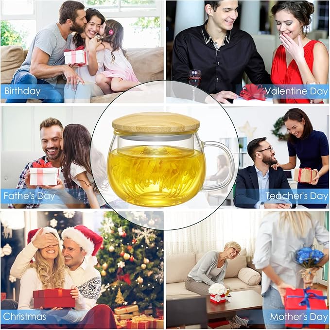 Lezero 13oz Tea Mug with Infuser and Lid Kit, Glass Teacup with Filter for Steeping Blooming & Loose Leaf Tea, Heat Resistance, Lead-free, Microwave & Dishwasher Safe, Gifts Box Include