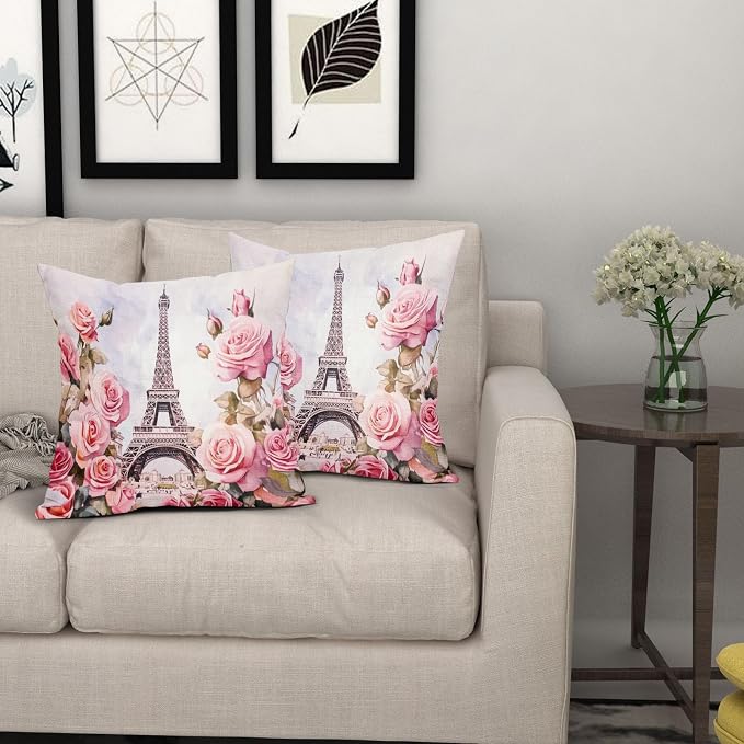 Valentine's Day Pillow Covers 20X20 Inch Set of 2 Paris Street Romantic Love Pink Flower Decorative Pillow Cases Anniversary Wedding Cushion Case Valentine Party Home Decor for Sofa Couch